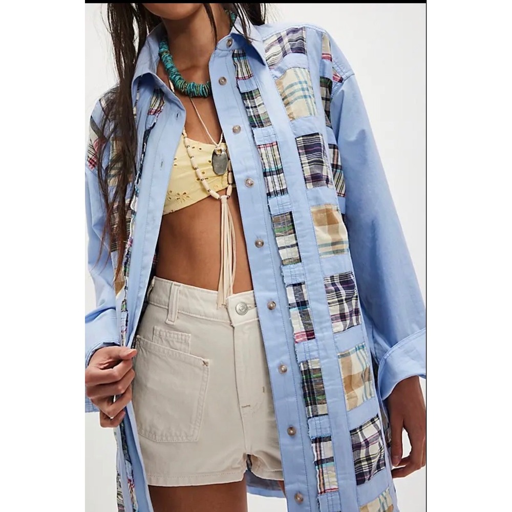 We The Free Patchwork Light Blue Button-Down Shirt
